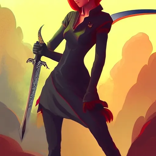 Image similar to a woman holding a sword with a dragon on it, concept art by Ilya Kuvshinov, contest winner, fantasy art, official art, concept art, high detail, experimental, high quality, 4k