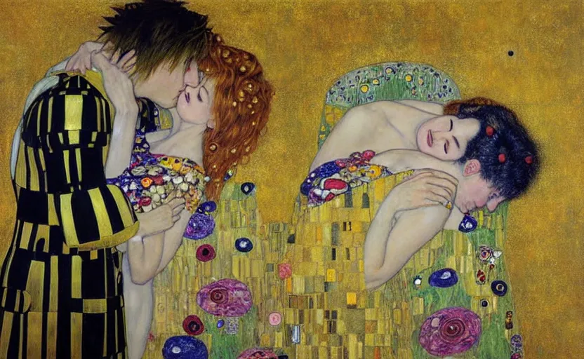 Image similar to cloud strife kissing aerith gainsborough, the kiss, gustav klimt, oil painting