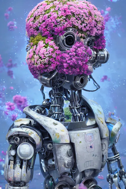 Prompt: a painting of a robot with flowers in his face, a raytraced image by Mike Winkelmann, cgsociety, afrofuturism, made of flowers, cryengine, prerendered graphics