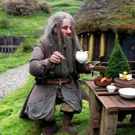 Prompt: a hobbit and an English knight having tea