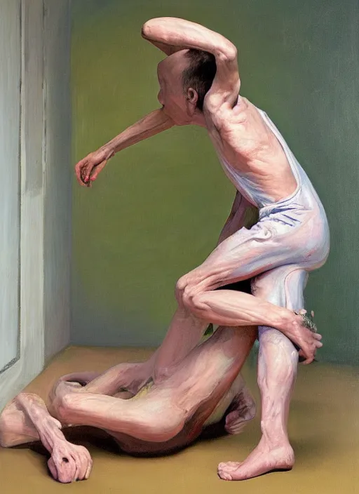 Image similar to an expressive skinny artist wearing overalls physically fighting with a ghost, inside a grand studio, depth of field, hauntingly surreal, highly detailed oil painting, by francis bacon, edward hopper, adrian ghenie, glenn brown, soft light 4 k, green and pink colour palette, cinematic composition, cinematic lighting, high quality octane render, masterpiece