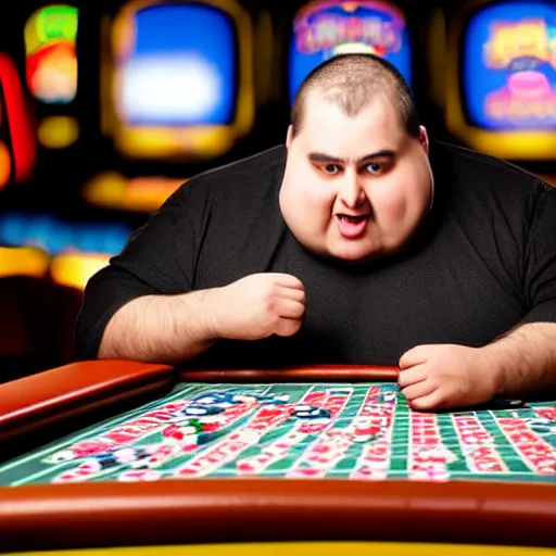 Image similar to incredibly detailed high quality studio portrait of an obese man looking at a piece of paper at a poker table in a casino while flood waters fill the room