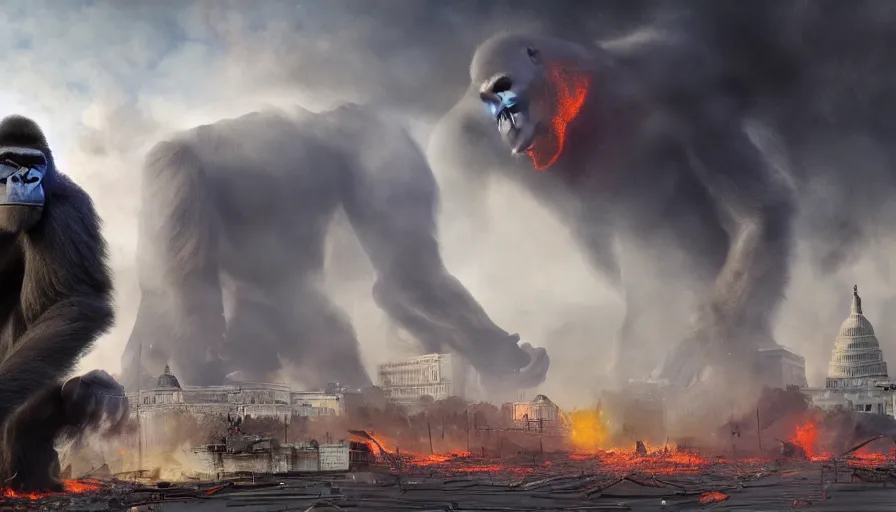 Image similar to giant gorilla destroying washington dc, fire and ashes, debris, collapsed buildings, smoke columns, hell on earth, apocalypse, army, hyperdetailed, artstation, cgsociety, 8 k