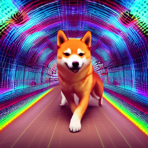 Image similar to two shiba inu in the psychedelic baroque dmt fourth dimensional tunnel, octane 3 d render