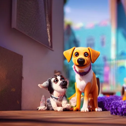 Image similar to cute dogs, 3 d render, illustrated, incredible details, highly detailed, colorful, photorealistic, disney pixar, octane render, iridescent, anime, 8 k