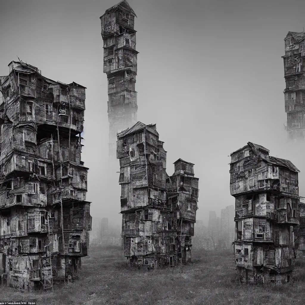 Image similar to two giant towers, made up of makeshift squatter shacks, misty, dystopia, mamiya rb 6 7, fully frontal view, very detailed, digital glitches, photographed by ansel adams