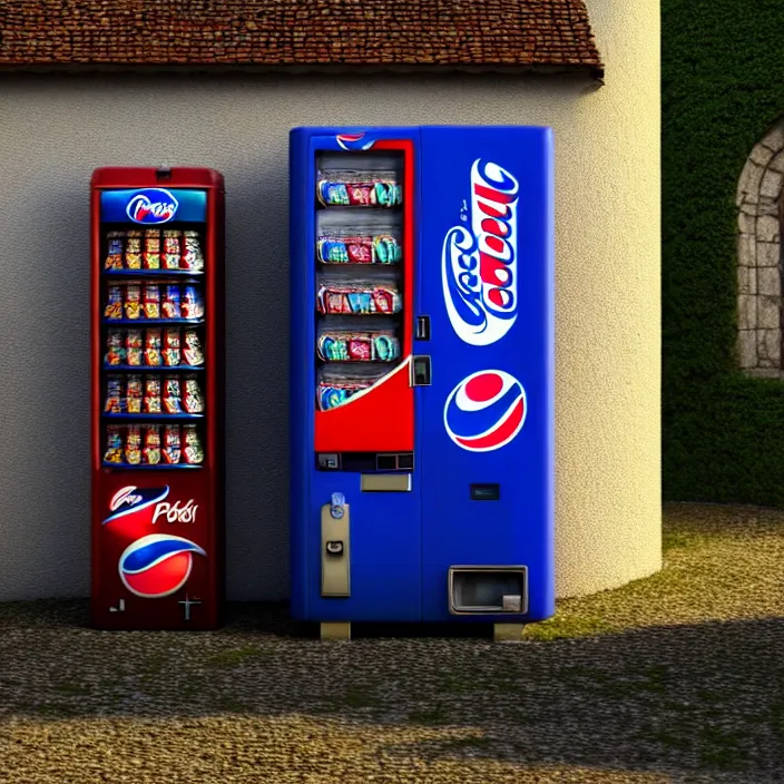 Prompt: pepsi vending machine outside a medieval house in a fantasy village. a woman is standing next to the vending machine. extremely high details, realistic, fantasy art, cinematic, octane render, masterpiece, artstation contest winner, art by johannen voss, frank frazetta