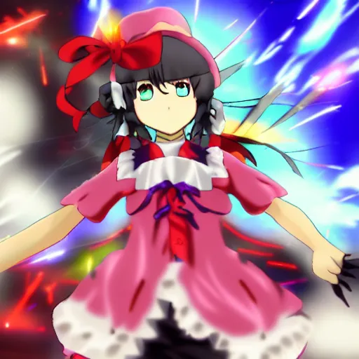 Prompt: touhou anime move epic battle scene, glowing light bullets, lasers
