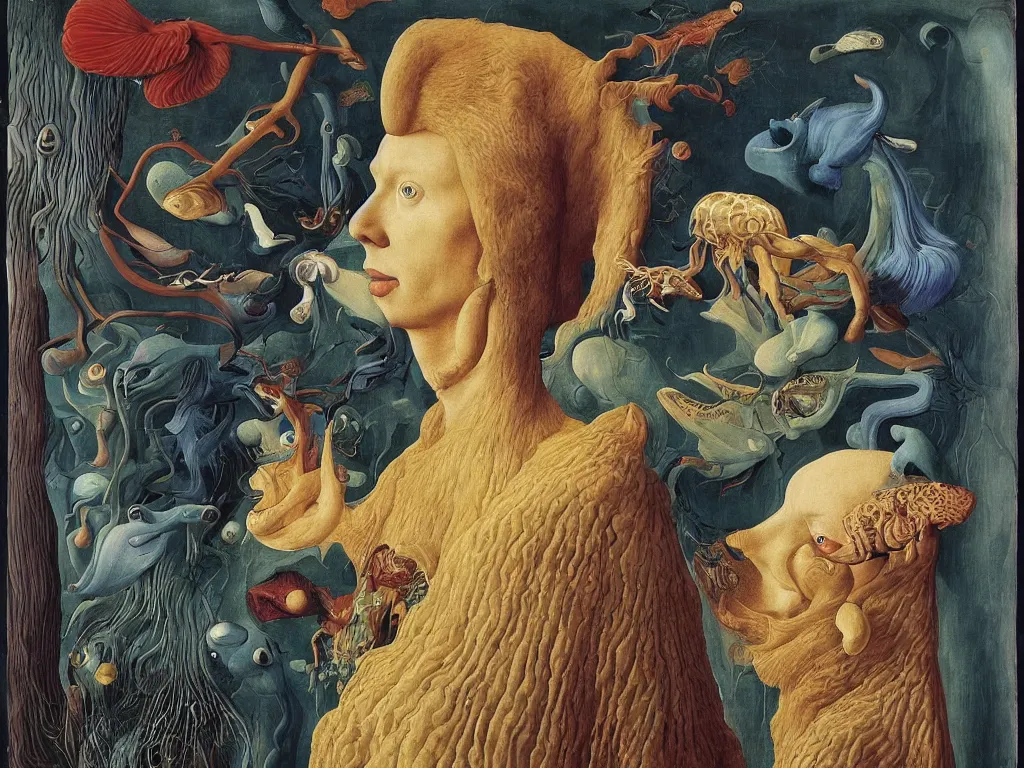 Prompt: Portrait of albino mystic with blue eyes, with exotic beautiful metamorphosing, glowing cuttlefish. Painting by Jan van Eyck, Audubon, Rene Magritte, Agnes Pelton, Max Ernst, Walton Ford