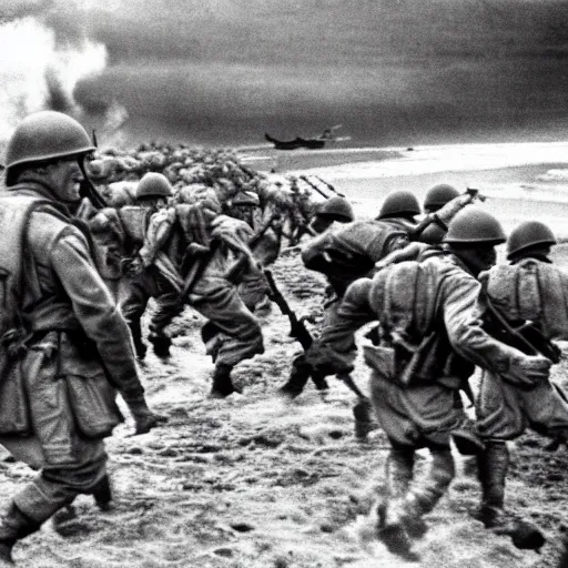 Prompt: Hank Hill storming Omaha Beach, epic, WWII, 1940s photo, cinematic, highly detailed, gritty,