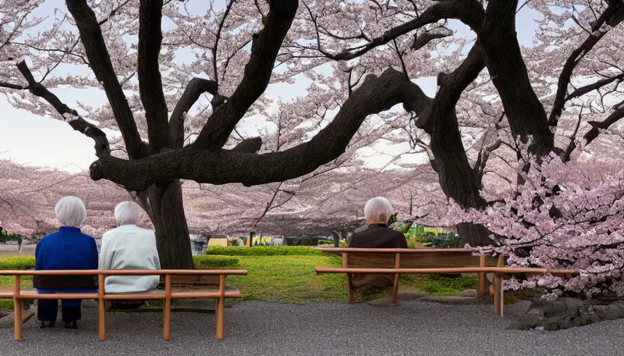 Prompt: back view of an old japanese couple sit on the bench, sunset, japanese village, cherry blossomns, shingo araki, hyperdetailed, artstation, cgsociety, 8 k