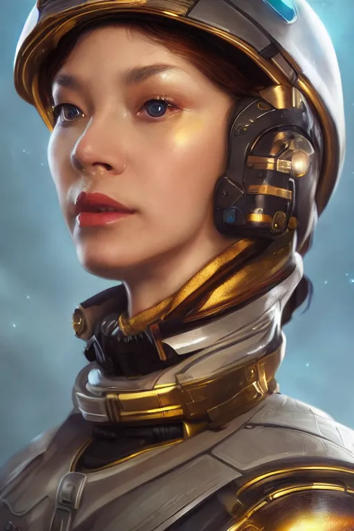 Image similar to highly detailed portrait of a female starship captain wearing a fancy uniform, detailed eyes, art by wlop and artgerm, spaceship environment, trending on artstation, sharp focus, illustration, caustics, octane render, 4 k, radiant light