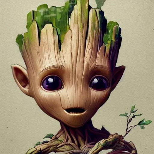 Prompt: Cute Elven baby Groot by Greg Rutkowski and Pixar, asymmetrical, Organic Painting , Matte Painting, geometric shapes, hard edges, street art, trending on the artstation, realistic:2 by Sachin Teng:4