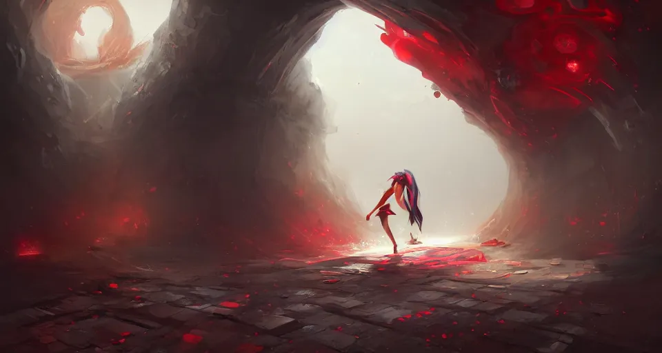 Image similar to a young girl falling down a tunnel with a warping black and red checkerboard pattern by peter mohrbacher, vivid colors, matte painting, 8K, concept art, mystical color scheme, trending on artstation