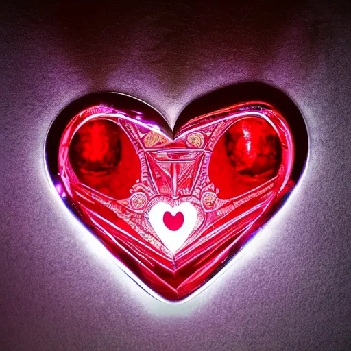 Image similar to a chrome carved heart, glowing gemstone, red light, intricate artwork, graphic style of Patrick Gleason very coherent symmetrical artwork, depth of field, bokeh