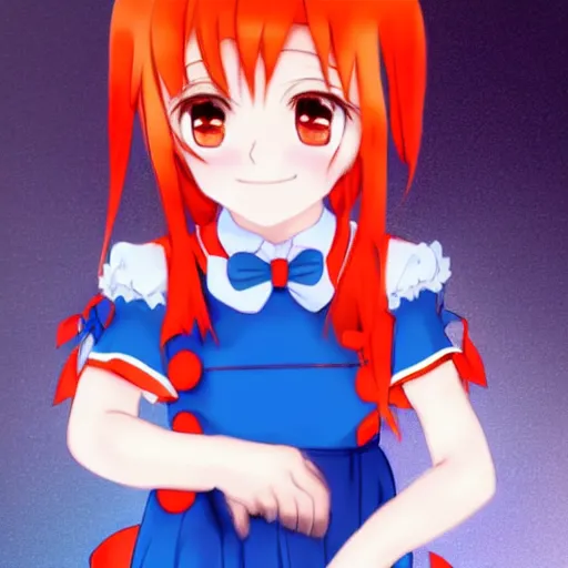 Image similar to little girl in a maid outfit with blue eyes, a red bow on her head, short light orange hair, anime, high detail