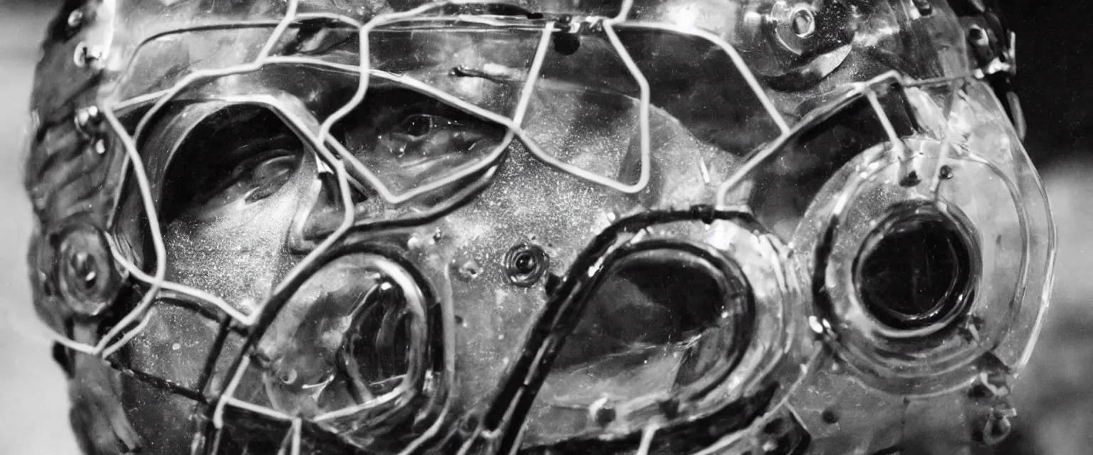 Prompt: detailed sharp photograph in the style of popular science circa 1 9 5 5 and gregory crewdson telephoto lens portrait of an nhl goalie with cool mask design at his goal heavy bokeh