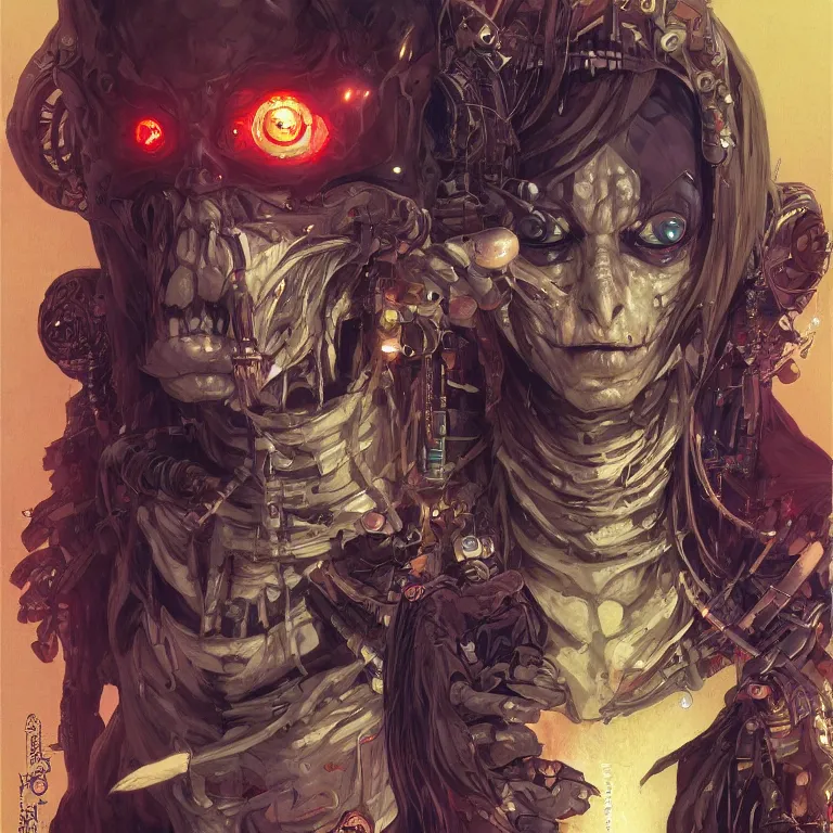 Image similar to portrait of a beautiful scary goblin, cyberpunk, Warhammer, highly detailed, artstation, illustration, art by Gustav Klimt and Range Murata and Ilya Kuvshinov and Sakimichan