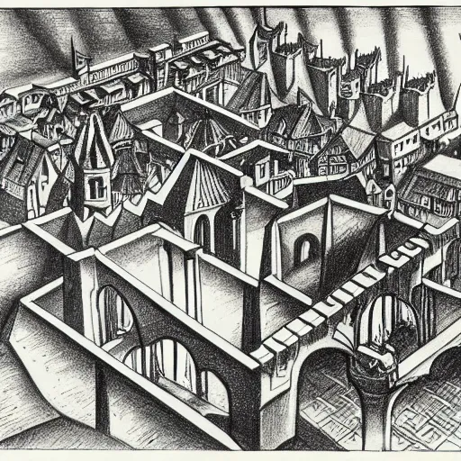 Prompt: MC Escher drawing of a medieval city
