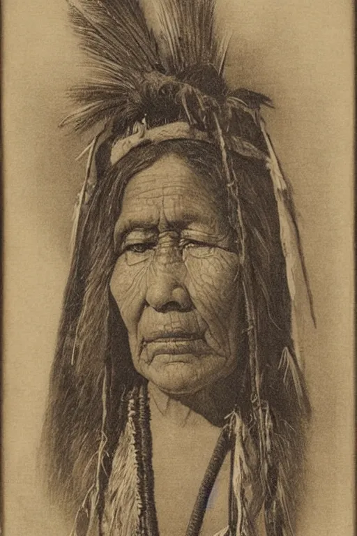 Image similar to “19th century wood engraving of a Native American indian, squaw, portrait, Nanye-hi (Nancy Ward): Beloved Woman of the Cherokee, pain and sadness on his face, drawn with charcoal pencil, ancient”