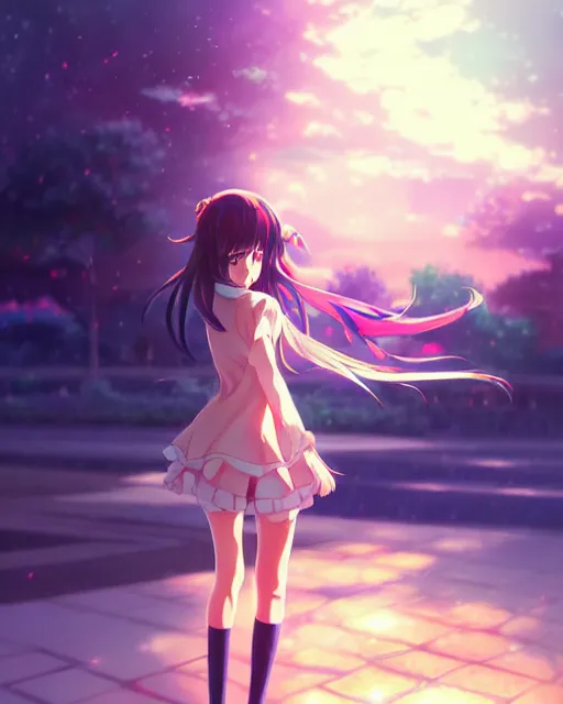 Image similar to anime style, vivid, expressive, full body, 4 k, painting, a cute magical girl with a long wavy black hair, stunning, realistic light and shadow effects, centered, simple background, studio ghibly makoto shinkai yuji yamaguchi