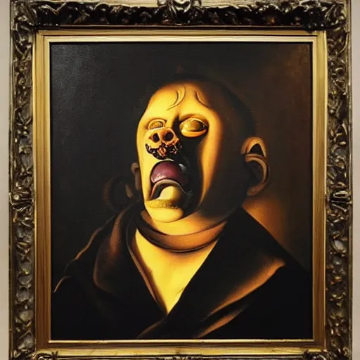 Image similar to oil painting with black background by christian rex van dali todd schorr of a chiaroscuro portrait of an extremely bizarre disturbing mutated man with acne intense chiaroscuro obscuring features lighting perfect composition masterpiece