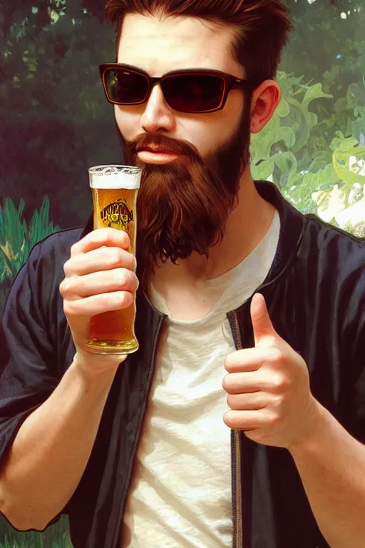 Image similar to a young man wearing raybands holding a beer giving a thumbs up with a long beard, real life skin, intricate, elegant, highly detailed, artstation, concept art, smooth, sharp focus, airbrush painted, art by artgerm and greg rutkowski and alphonse mucha