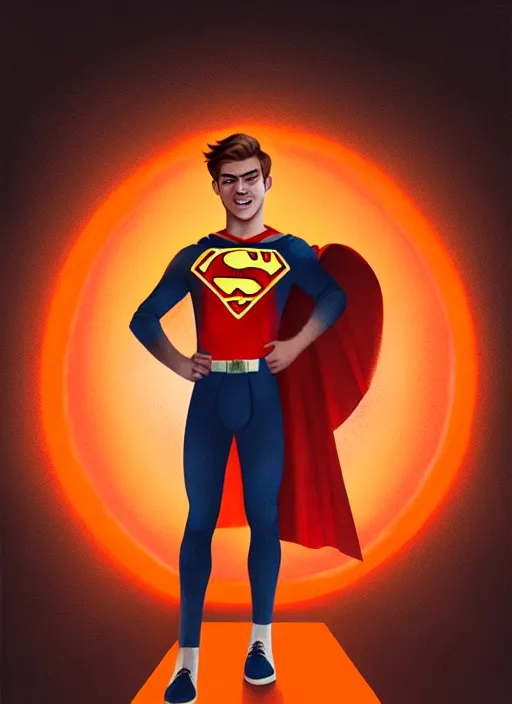 Image similar to kind teenage archie andrews wearing an orange superhero costume, freckles, superhero costume with heart emblem, cape, intricate, elegant, glowing lights, highly detailed, digital painting, artstation, sharp focus, illustration, art by wlop, mars ravelo and greg rutkowski