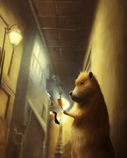 Prompt: oil painting of anthropomorphized capybara holding a smoking pipe, detective clothes, close shot, full body, dark london alley background, sharp focus, fantasy style, octane render, volumetric lighting, 8k high definition, by greg rutkowski, highly detailed, trending on art Station, dungeons and dragons artwork, centered