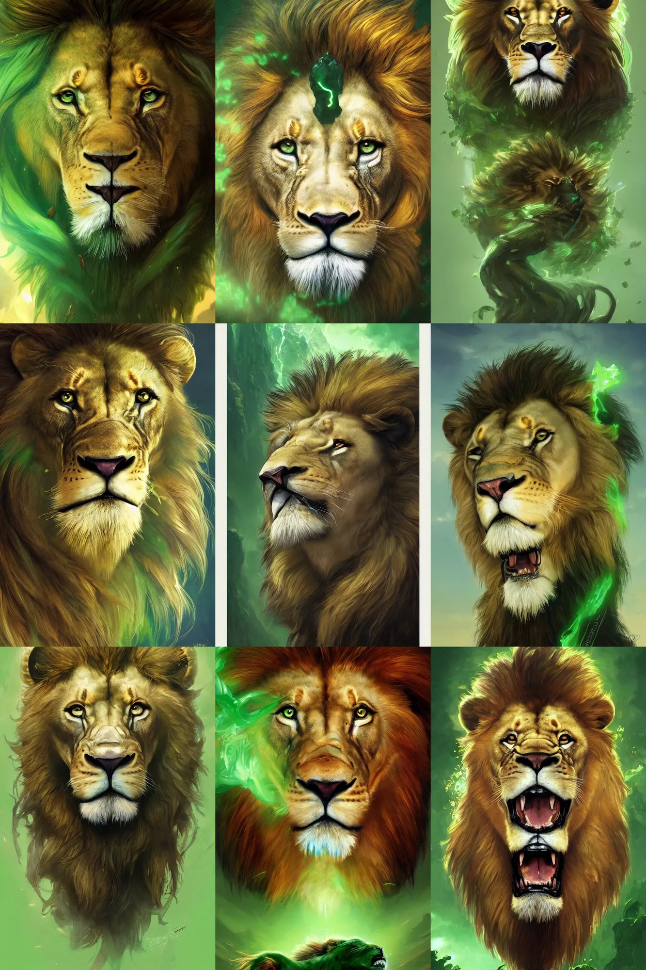 Prompt: ultra realistic illustration, fantasy lion face against a green back for chroma key by artgerm and greg rutkowski and alphonse mucha, constant green background, trending on artstation