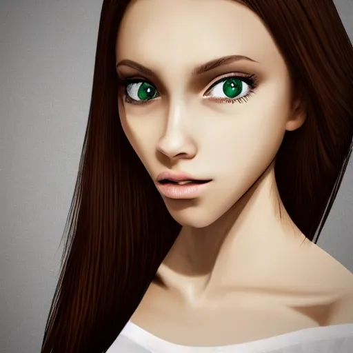 Prompt: brunette with dyed blonde hair, 18 years old, 155 cm tall, flat ironed hair, green big eyes, small nose, small mouth, diamond shaped face, big forehead, lop eared, full body shot, photorealistic, model, thin eyebrows, faded look