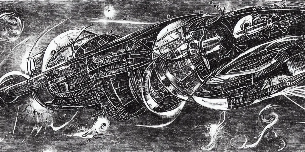 Image similar to atompunk space ship sailing the infinite cosmos, grand scale, raygun gothic style, astrophysics, mathematical drawing, painting by h. r. giger