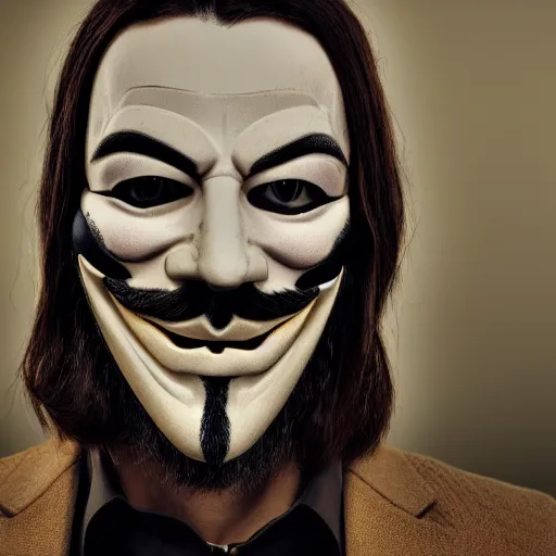 Prompt: man wearing guy fawkes mask, professional cosplay, cinematic, key light, 4 k, 8 k, photorealistic, ultra realistic, hyperrealistic