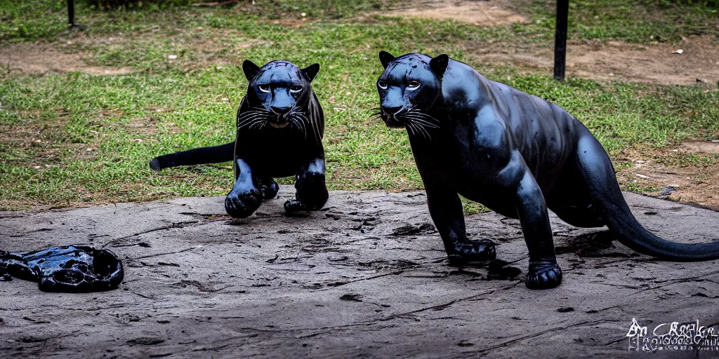 Image similar to the smooth black jaguar, made of smooth black goo, bating in tar in the zoo exhibit, viscous, sticky, full of tar, covered with black goo. photography, dslr, reflections, black goo, zoo, exhibit