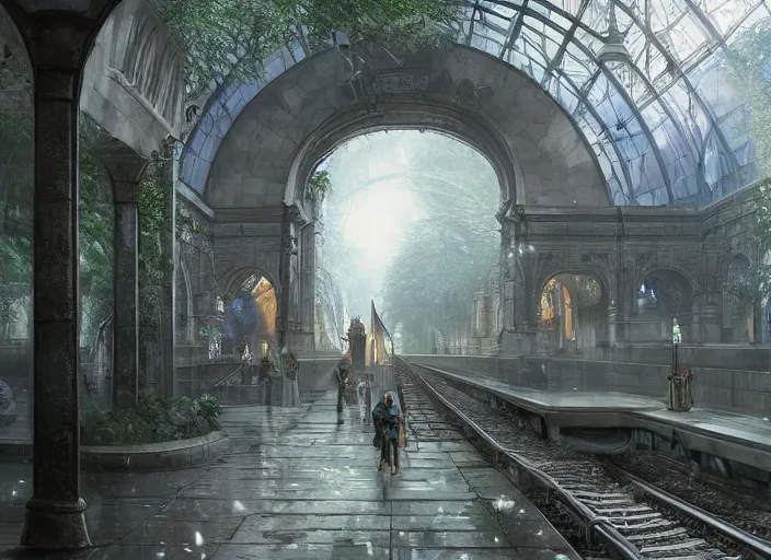 Image similar to A train subway inside a beautiful elven city made of white marble, anime, lush trees, fountain, statue, big clock, trains, a fantasy digital painting by Greg Rutkowski and James Gurney, trending on Artstation, highly detailed