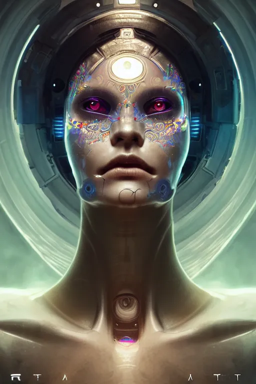 Prompt: portrait of ultra detailed female android deity looking up, scifi, beautiful human eyes, octane render, ( ( dia de los muertos ) ), global illumination, intricate concept art, 8 k, art by artgerm and kuciara and greg rutkowski and alphonse mucha and loish and wlop