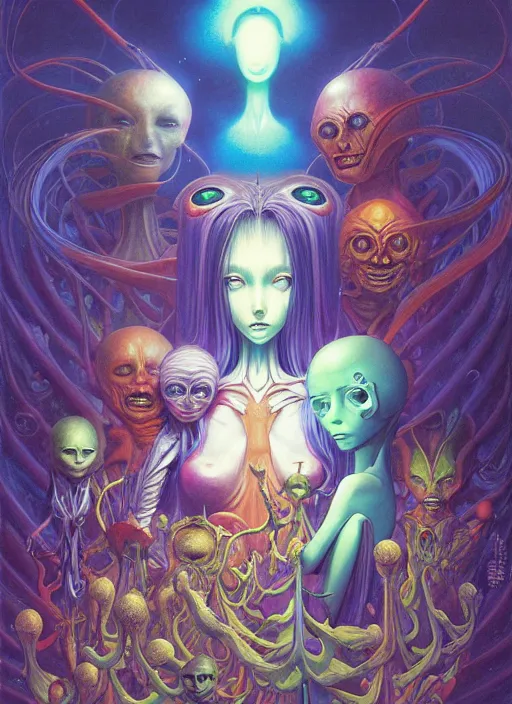 Prompt: fanciful surreal image of an alien family, anime key visual by Anna Dittman, Amano, Okata Kazuto, Greg Hildebrandt, and Mark Brooks, Neo-Gothic, rich deep colors. art by Hamada Yoshikazu . masterpiece. Beksinski painting.