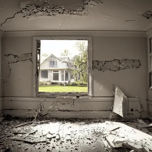 Image similar to inside view of a typical suburban house that is exploding outward onto the street, splintered wood, plaster, flying debris very cinematic photorealism