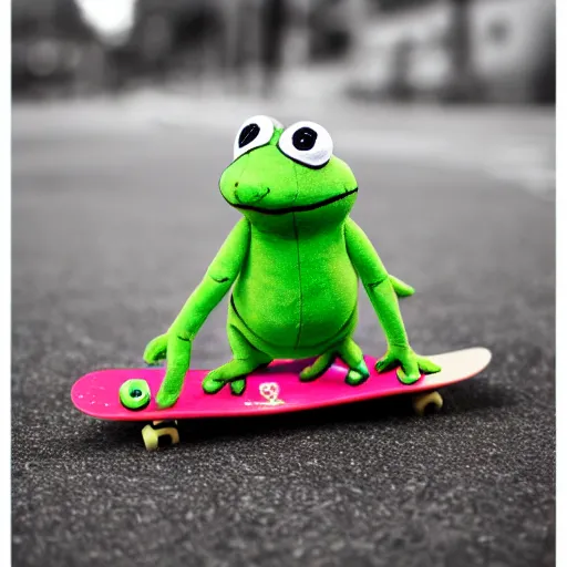 Prompt: frog plushie on a skateboard, skate photography 55mm