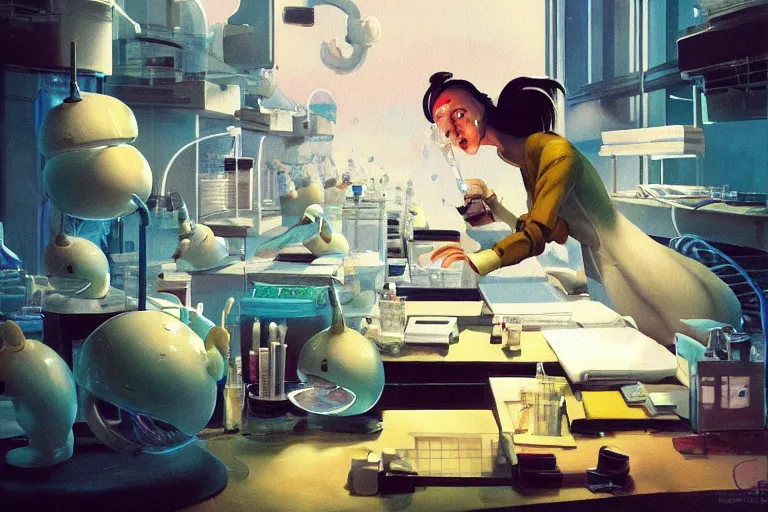 Image similar to A mixed media painting of a genetically-modified scientist-duck working in a pcr and microbiology lab, by Frank Frazetta, Greg Rutkowski, Beeple, Studio Ghibli, kawaii, post-processing, low angle, masterpiece, cinematic, isometric, volumetric lighting