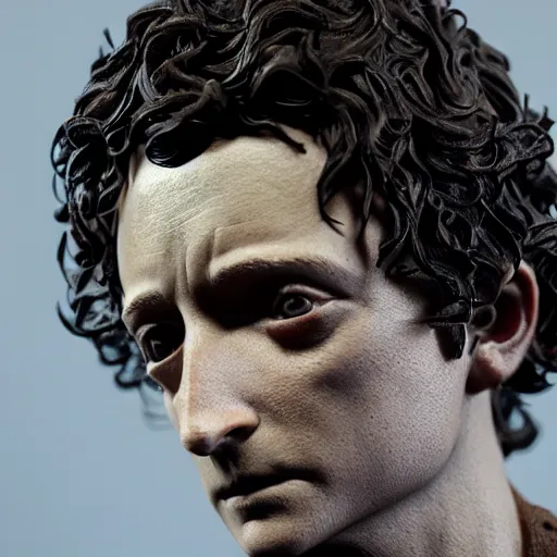 Image similar to tribute sculpture of elijah wood as frodo, high detail shot, smoking, render, cgsociety, photorealism