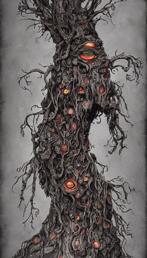 Image similar to rotten tree spirit dryad with a beautiful face and flaming mouth and eyes + mushrooms + fungi + lichen + sketch lines + graphite texture + old parchment + guillermo del toro concept art + justin gerard monsters, intricate ink illustration