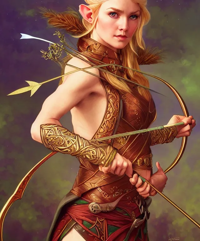 Prompt: aurora aksnes as a fantasy elf with a bow and arrow, portrait, fantasy, intricate, elegant, highly detailed, digital painting, artstation, concept art, smooth, sharp focus, illustration, art by artgerm and larry elmore and alphonse mucha