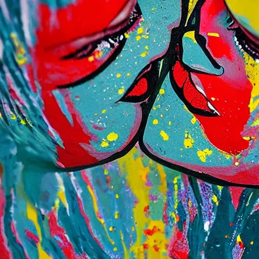 Image similar to close - up of two greek statue women kissing each other, they are covered in splattered acrylic paint