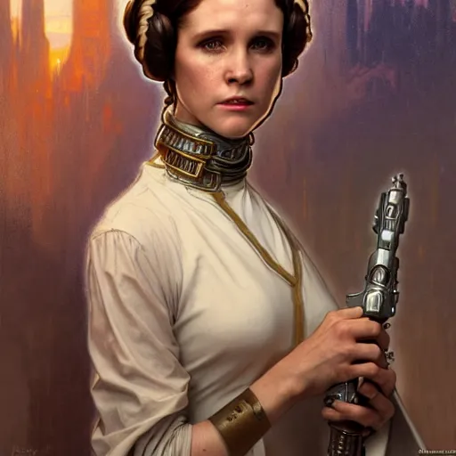 Image similar to princess leia, fantasy, d & d, intricate, detailed, by by alphonse mucha, adolfo hohenstein, alice russell glenny, stanley artgerm lau, greg rutkowski, detailed, trending on artstation, trending on artstation, smooth