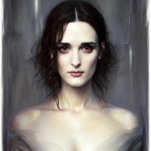 Prompt: beautiful striking Pre-Raphaelite Winona Ryder by Artgerm and Greg Rutkowski, pale, intricate, elegant, highly detailed, digital painting