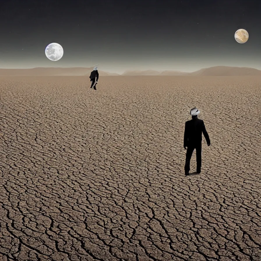 Prompt: a surreal landscape of a frightened man wandering in a vast desert lit by two scary moons