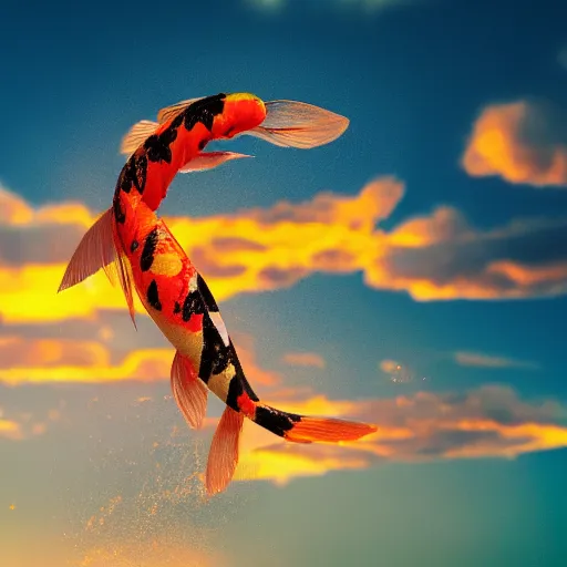 Prompt: photograph of a flying koi fish, majestic, clouds in the background, sharp focus, beautiful, enhanced colors, sunset colors, hd, cinematic lighting, 8k