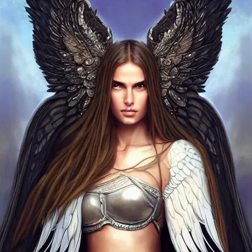 Prompt: portrait of young aasimar angel girl maiden wearing comfy leather armor with beautiful feathered angel wings, Alessandra Ambrosio, innocent, intricate, elegant, highly detailed, digital painting, artstation, concept art, smooth, sharp focus, illustration, art by artgerm and greg rutkowski and alphonse mucha