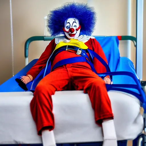 Image similar to crazy clown in hospital bed with wrist restraints on, restraints have fabric straps attached to hospital bed, photograph, 8 k